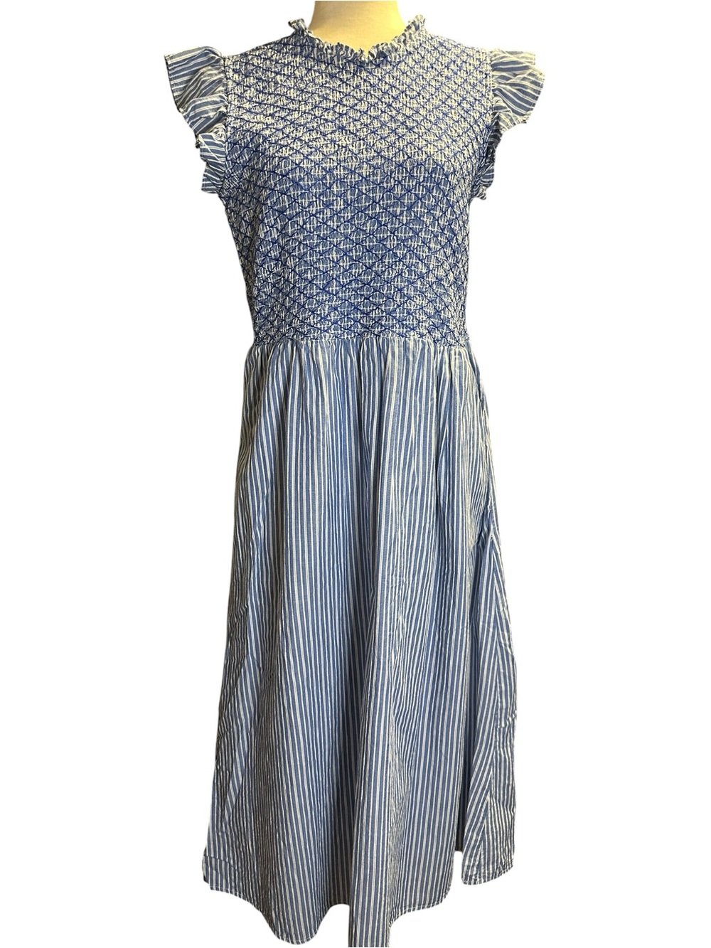 Boden Blue Stripe Smocked Midi Dress Cottagecore Prairie Ruffle Sleeve 10 D0637